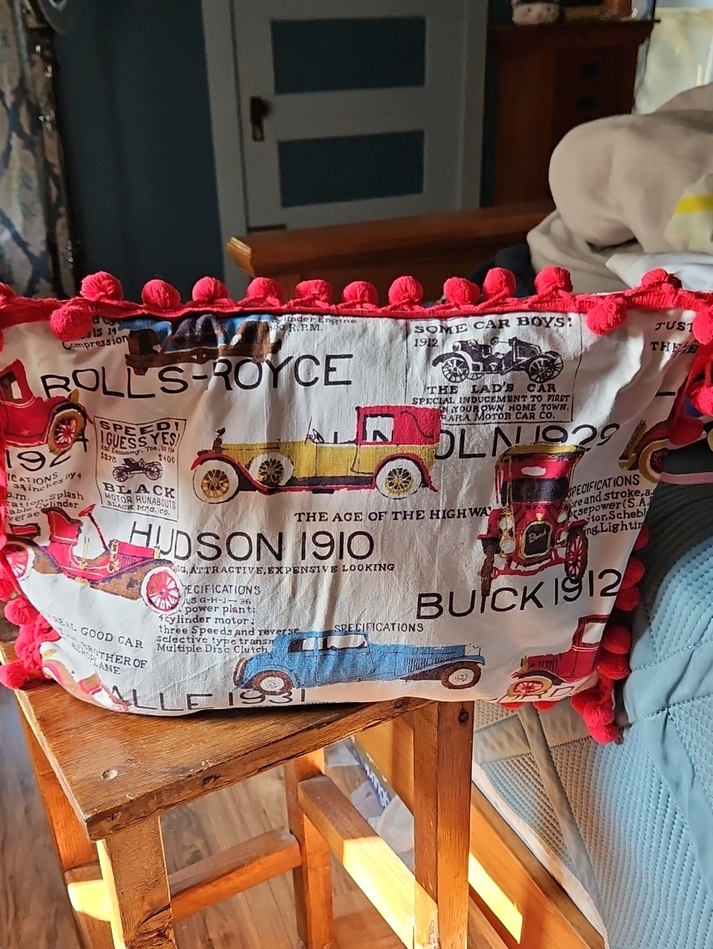 Vintage Car Print Decorative Throw Pillow - Red Trim